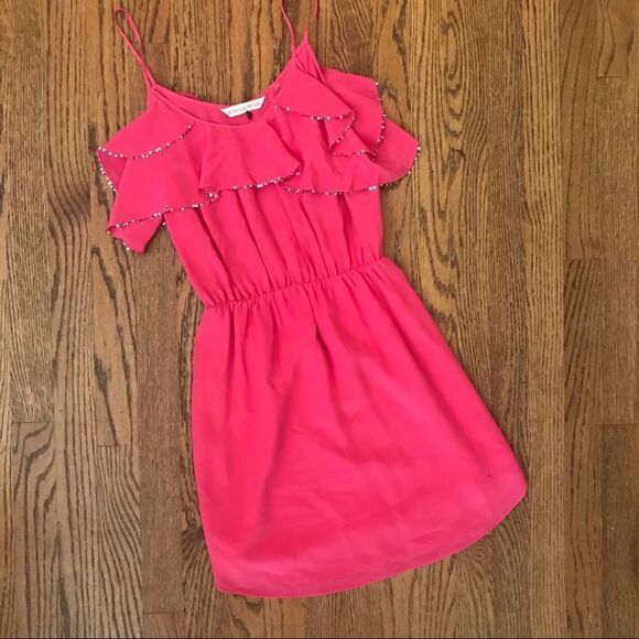 Sassy Hot Pink Sequin trim ruffled mini dress 0 - Picture 2 of 6